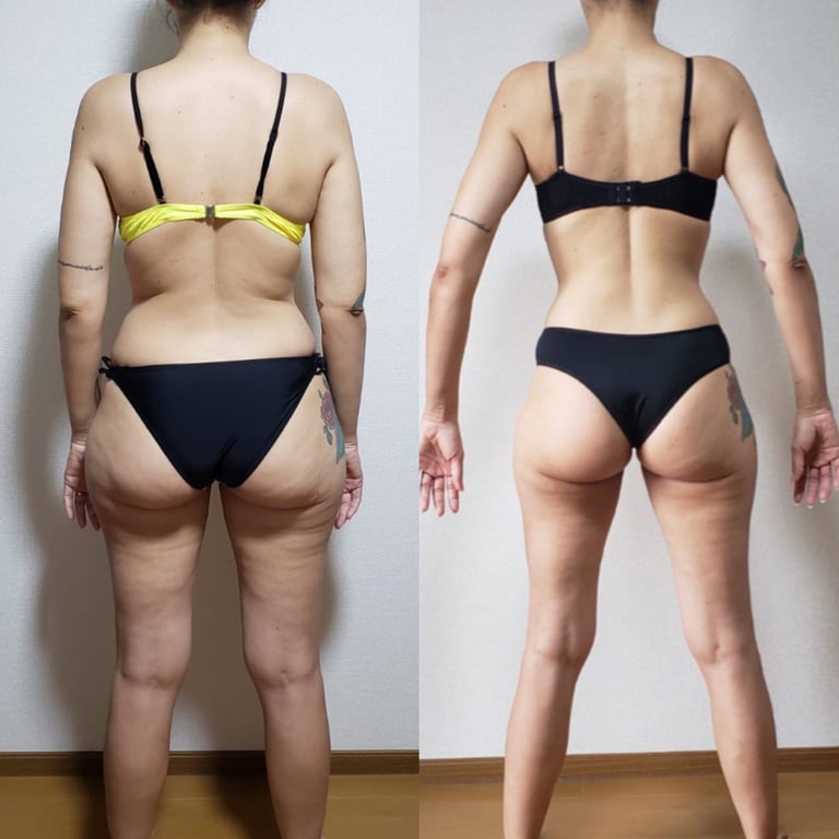 Before and after, female back view, showing tighter waist and improved glute definition.