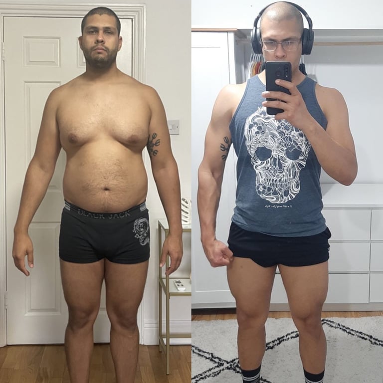 efore and after — male front view: larger waist and abdomen; after shows increased muscle definition and a smaller waist.