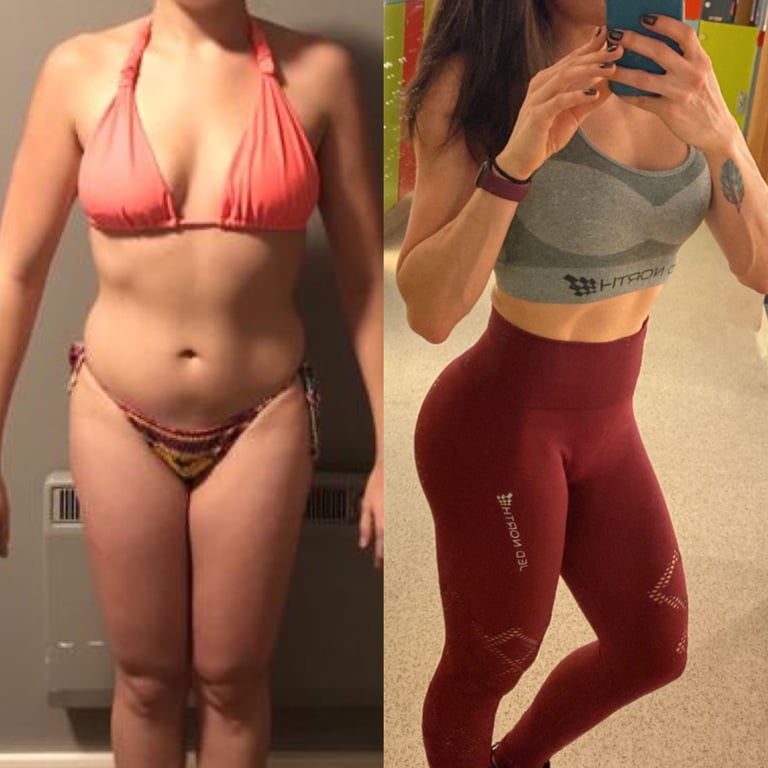 female front view: softer abdomen in bikini; after shows a flatter stomach and more defined midsection in gymwear.