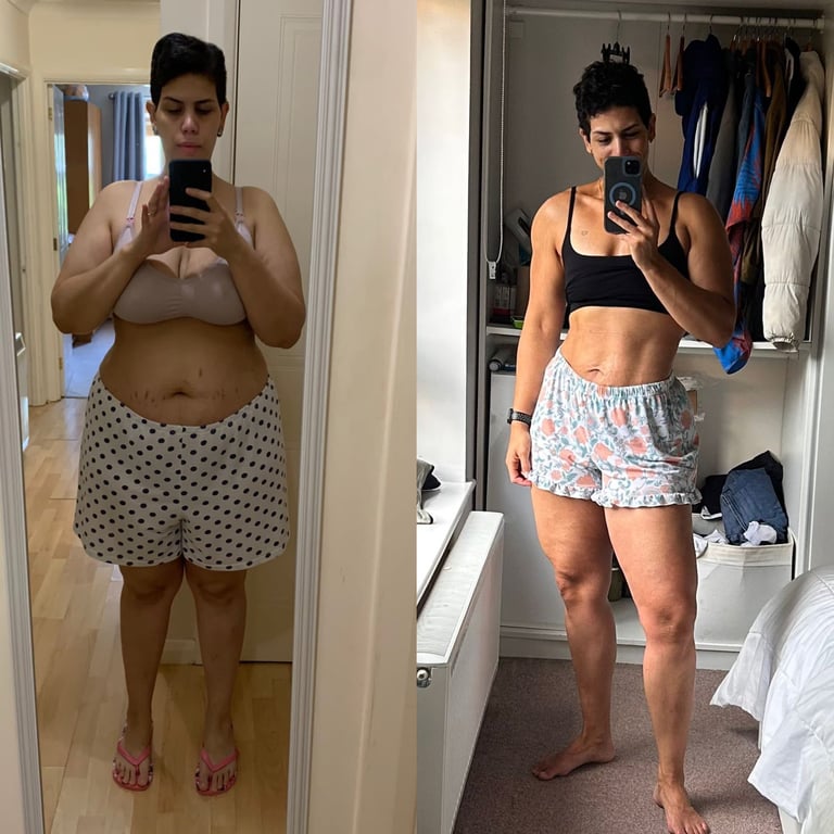 Before and after — female front view: higher body fat; after shows a slimmer waist and firmer thighs.