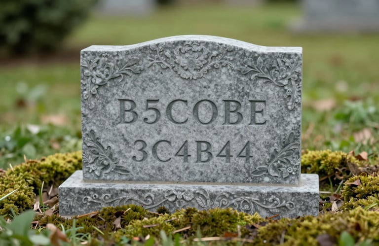 Close up of a small, elegant stone memorial plaque among moss and soft green foliage. The style is respectful and professional, utilizing the #B5C0B7 and #3C4B40 color palette.