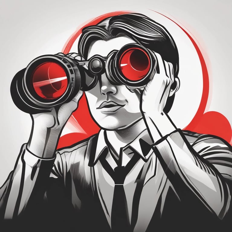 A businessman in a suit looks through binoculars with red lenses in a stylized comic book illustration.