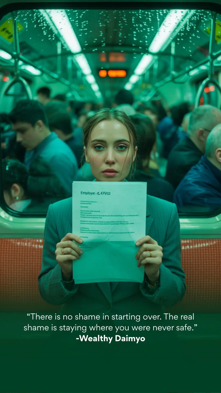 Woman laid off, holding letter on the train