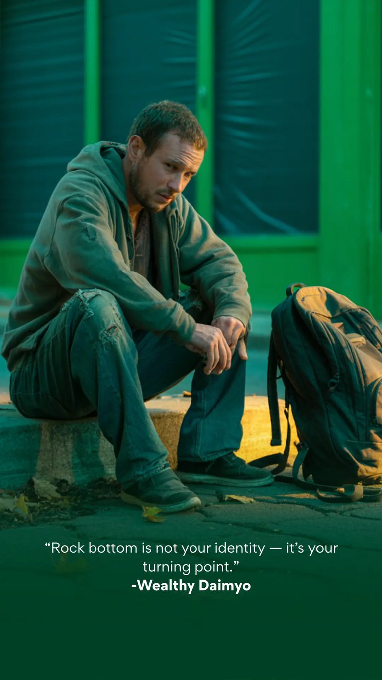 Man at financial rock bottom, alone at sunrise