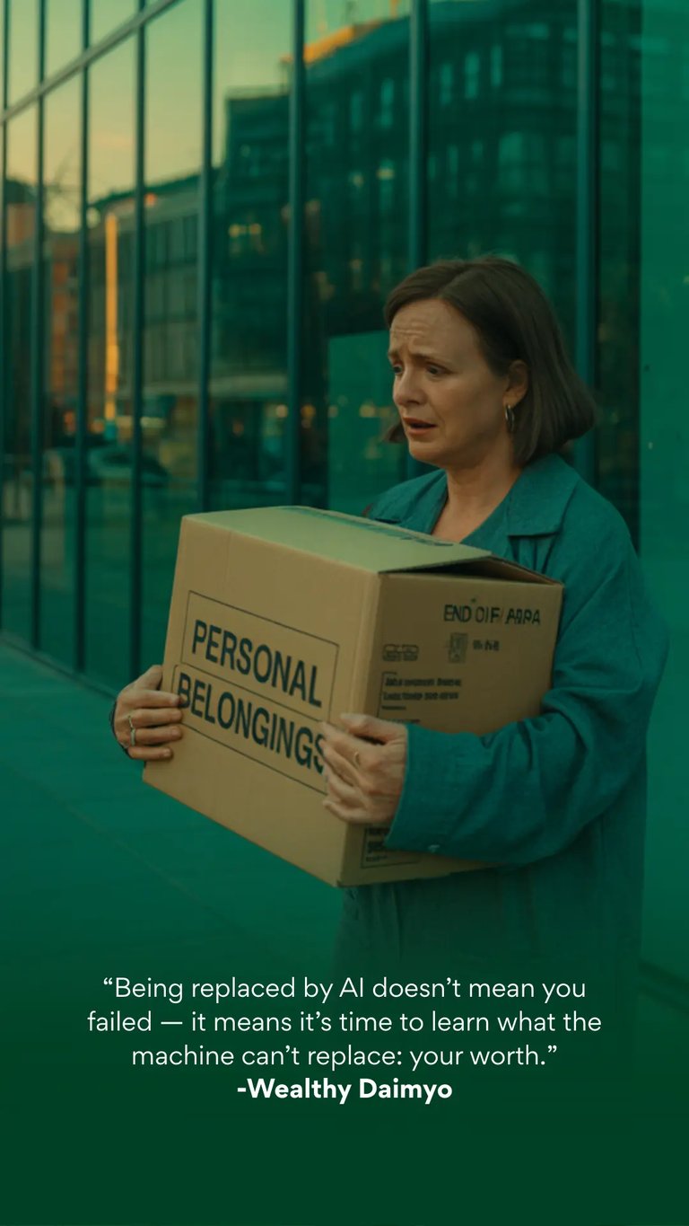 Fired by AI, woman holding box after job loss