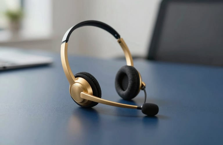 An elegant representation of professional customer service, showing a gold headset on a sleek navy blue desk, soft light.