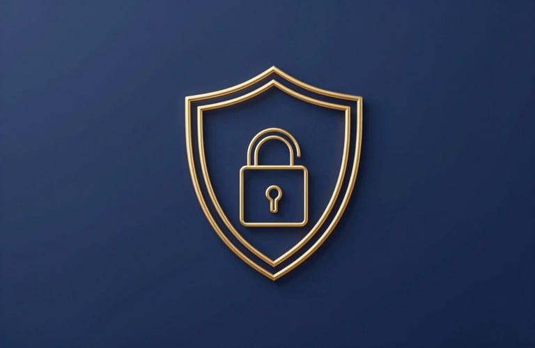 A minimalist, sharp icon of a digital security shield made of gold wireframe on a clean navy background, representing advanced 2026 security tech.