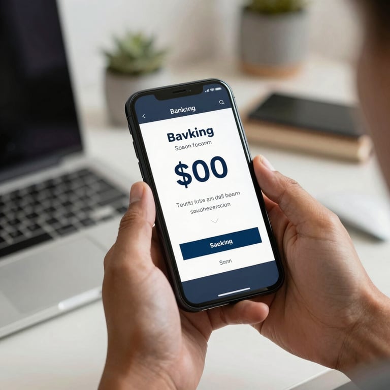 A close-up of hands holding a smartphone displaying a banking app showing savings, with a blurred background of a modern South American home office.