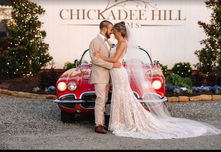 Statesville wedding venue, Chickadee Hill Farms, wedding couple, live wedding artist, antique car