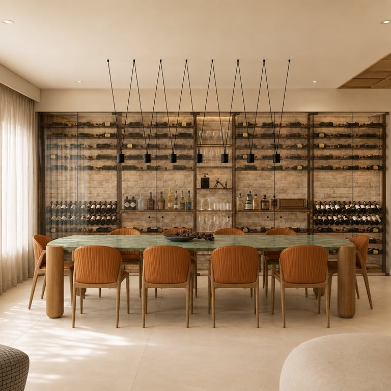 Projeto residencial com adega, sala de jantar e combinação de materiais em interiores sofisticados.
