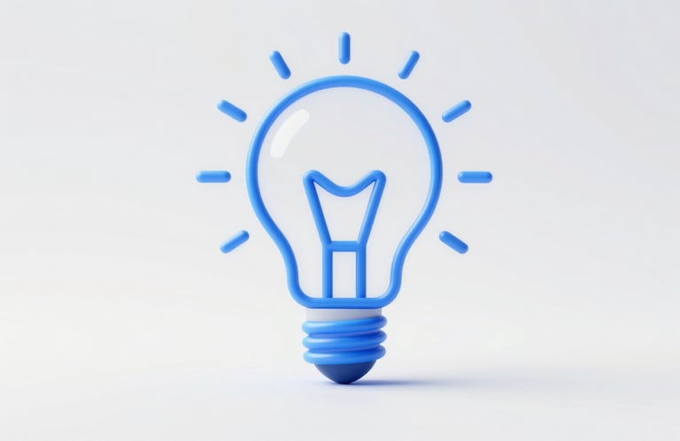 A minimalist 3D icon of a lightbulb made of glowing blue threads, representing digital creativity, set against a clean #F1F5F9 background.