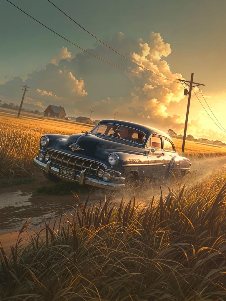 Concept art for Fugitives: Illustration of a vintage car speeding in a farm landscape