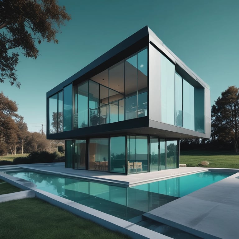An aerial view of a luxury waterfront property with a contemporary architectural style featuring geometric shapes and a terracotta-colored roof. A sleek white boat navigates the adjacent dark green water. A rectangular swimming pool is visible in the backyard, surrounded by palm trees and a patio.