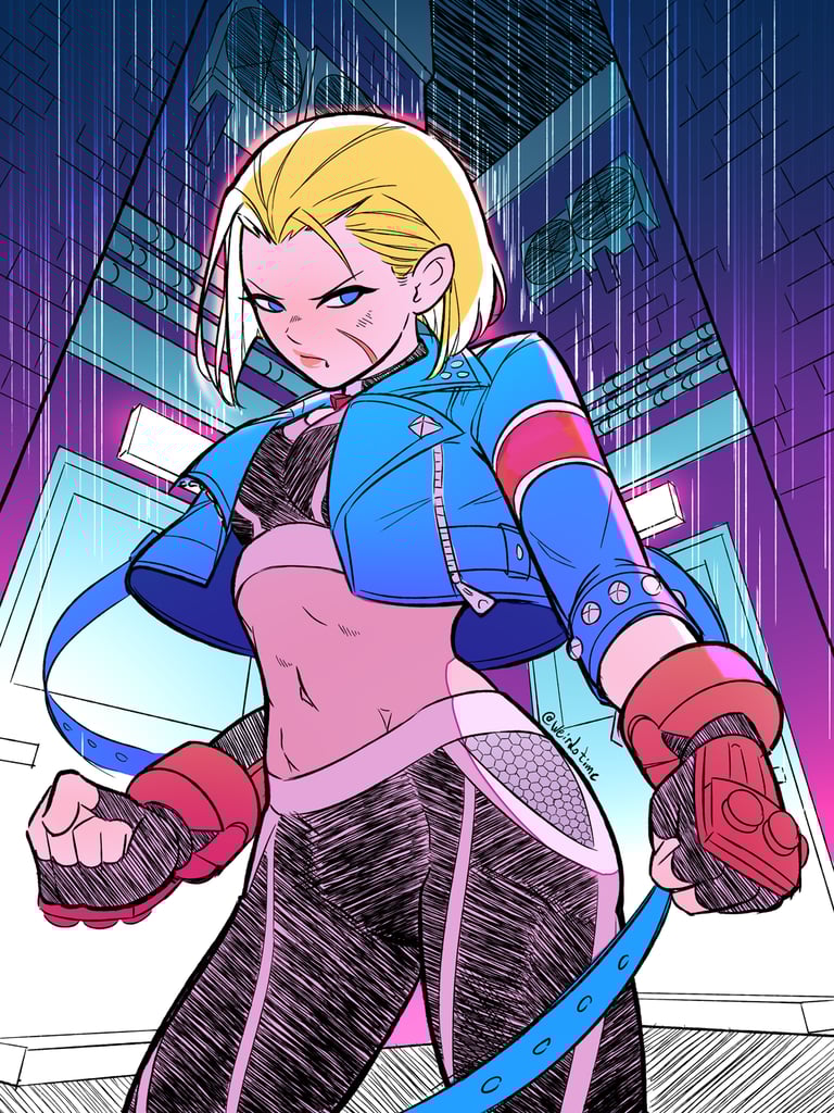 Digital fanart illustration of Cammy White from Street Fighter 6 standing in a rainy alley by WeirdoTime (Griffin Hanosh)