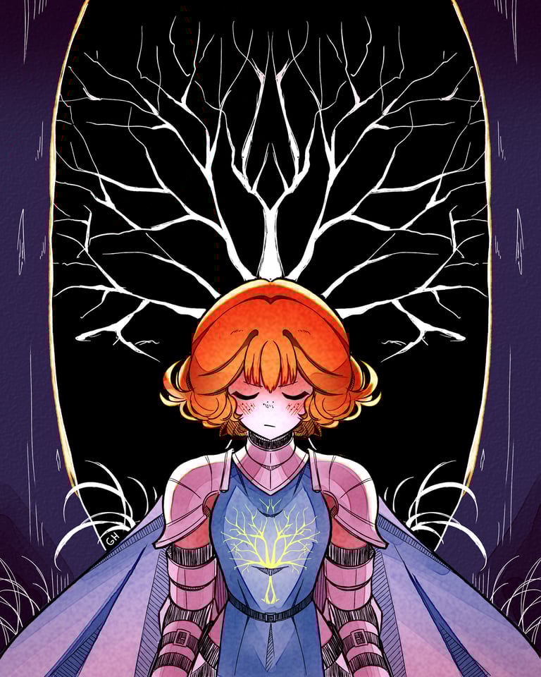 Digital illustration of an original character Gris dressed as a knight by WeirdoTime (Griffin Hanosh)