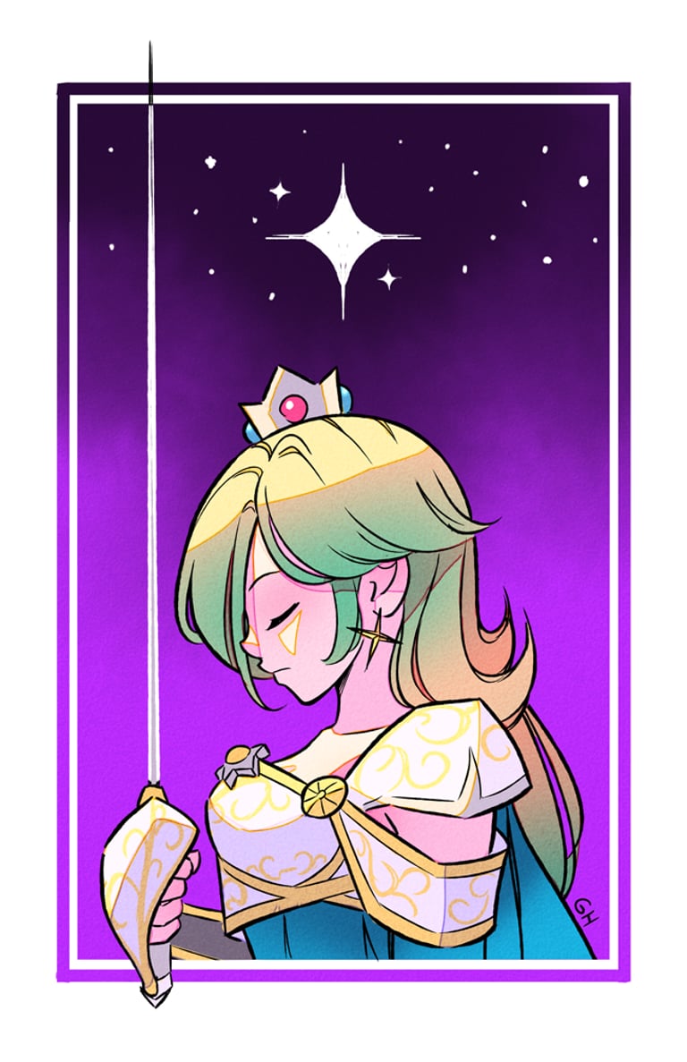 Digital fanart illustration of Rosalina from Super Mario Galaxy dressed as a knight by WeirdoTime (Griffin Hanosh)