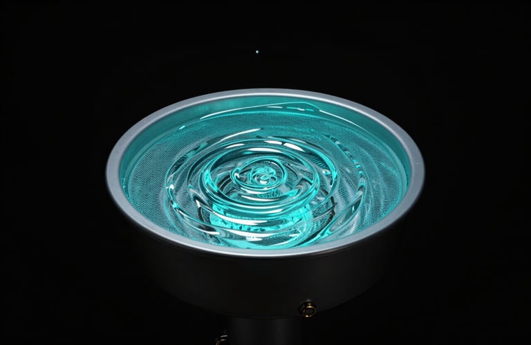 Minimalist photograph of a modern laundry filter system on a midnight black background, with neon cyan water ripples.