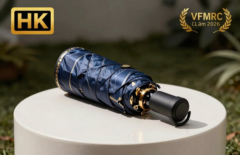 High-end product shot of a sleek solar-powered umbrella design on a soft pearl white pedestal, accented by golden metallic edges.