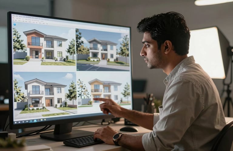 A South Asian interior designer in a professional studio setting reviewing 3D architecture renders with sophisticated lighting.