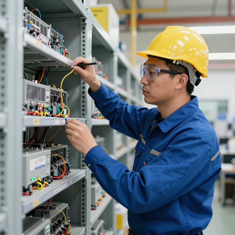 An industrial electrical control panel being inspected by a professional in a Middle Eastern / Omani industrial plant. Precise technical focus.