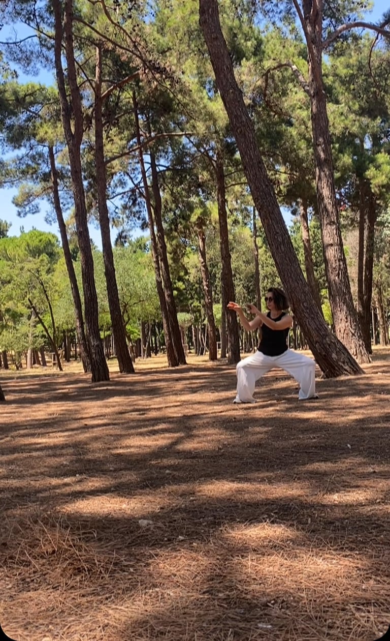 Mine Şilliler flows like wind through the pines, her stance steady, rooted in shifting light.