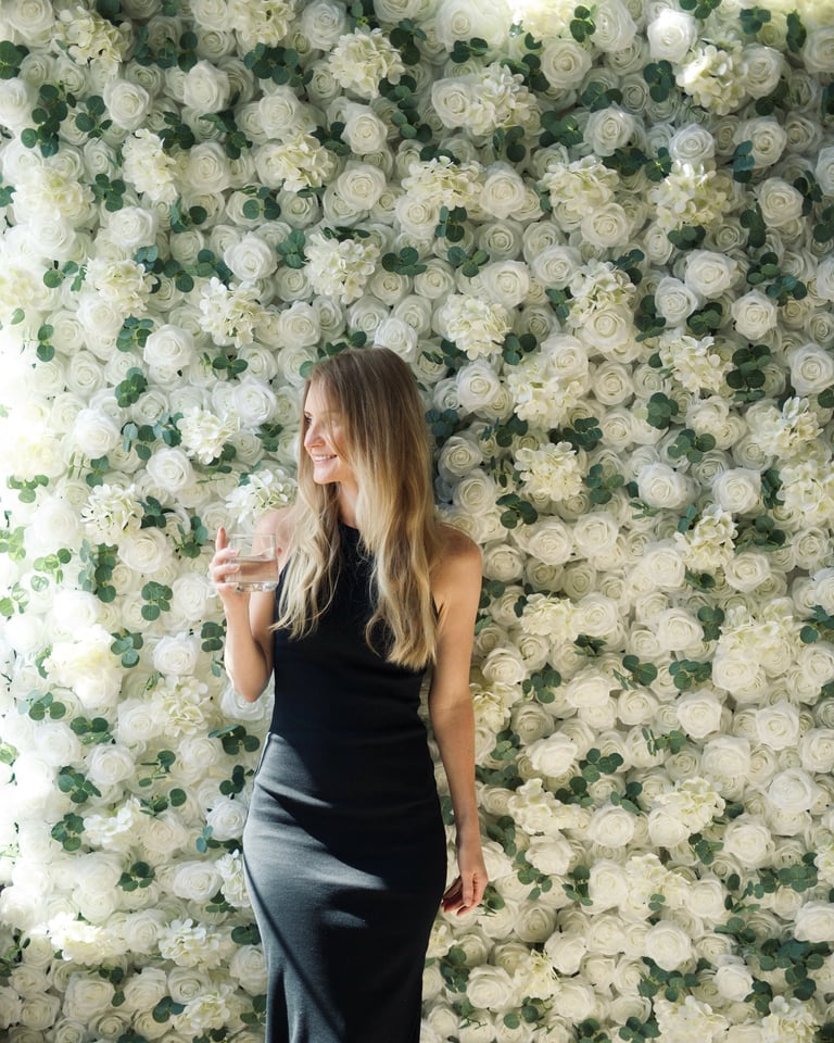 Elegant close-up of white rose flower wall, perfect for weddings, showers, birthdays, and other celebrations