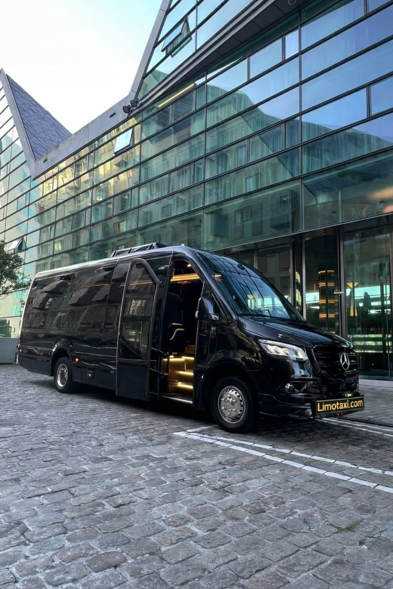 Black Mercedes Sprinter luxury limo bus parked on a cobblestone street in front of a modern glass building.