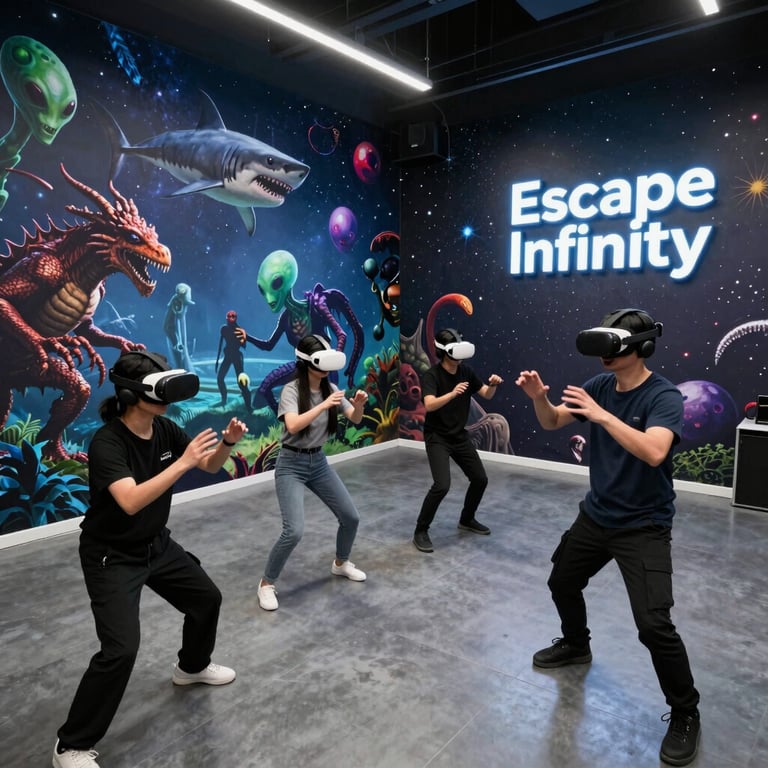 A person is wearing a virtual reality headset, holding controllers, and standing in a room with dark curtains and a poster of a silhouette covered in red paint or blood. The environment appears to be a gaming or simulation space with a technological setup.