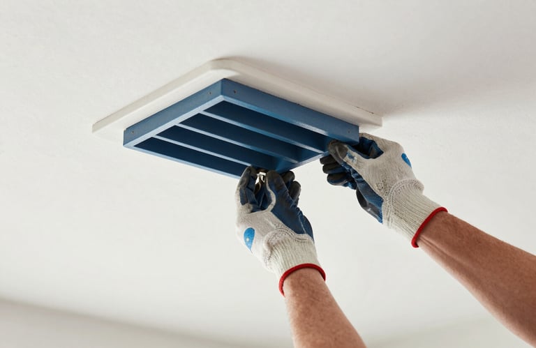 A pair of hands in professional work gloves adjusting a steel blue vent in a North American / US residential ceiling, high-key clean lighting.