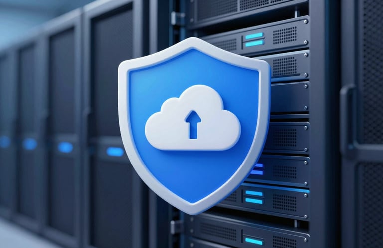 A 3D render of a secure data shield icon over a server rack, highlighting cloud storage safety, using #8BA8B6 and #0A1D2B tones.