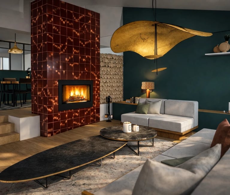 avant après, déco salon en photo 3d avec cheminée carrelée vintage couleur des murs verts foncé