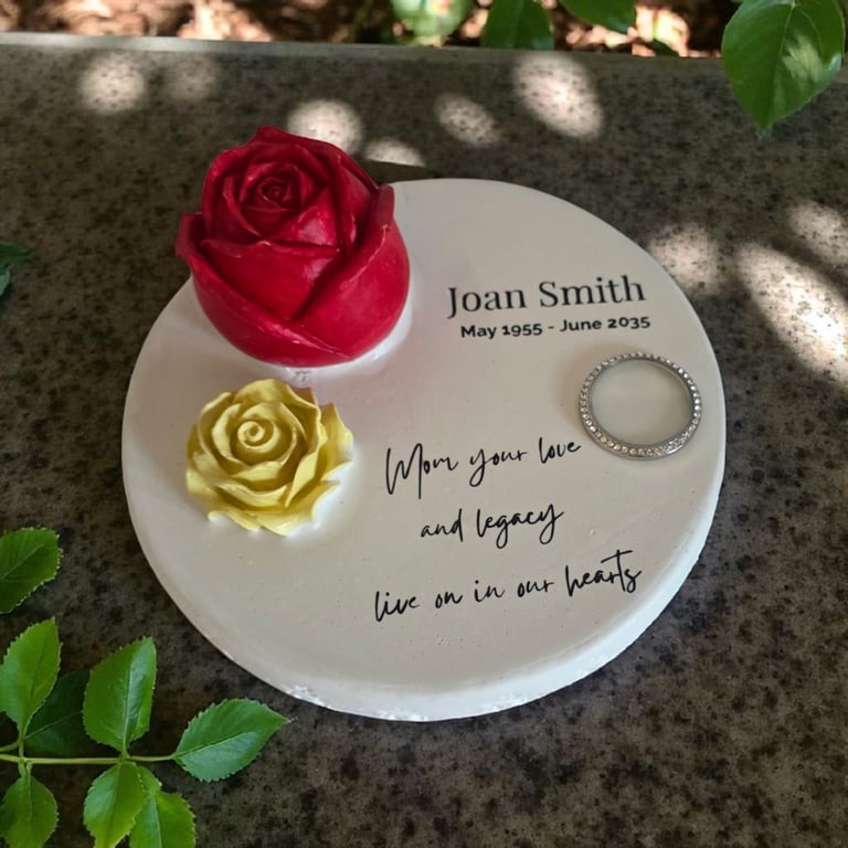 mother memorial made with hydrostone with roses and ash inclusion