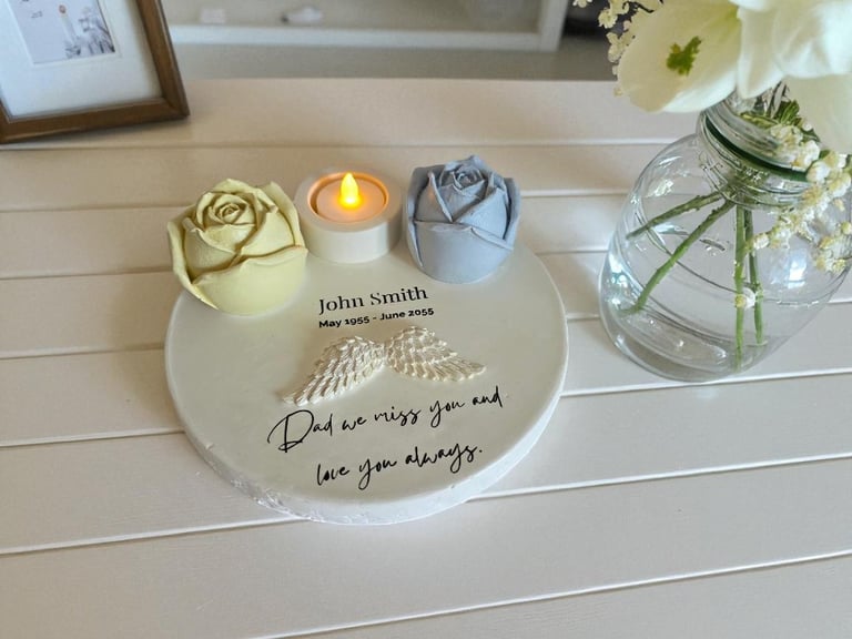 Dad memorial made from hydrostone with roses and a tea light holder