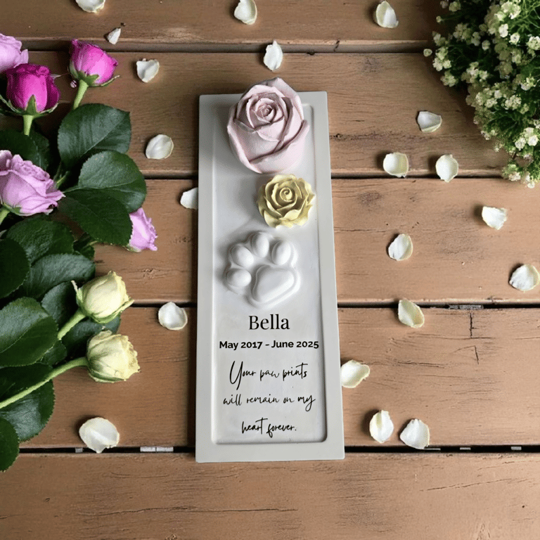 dog memorial with paw print and roses