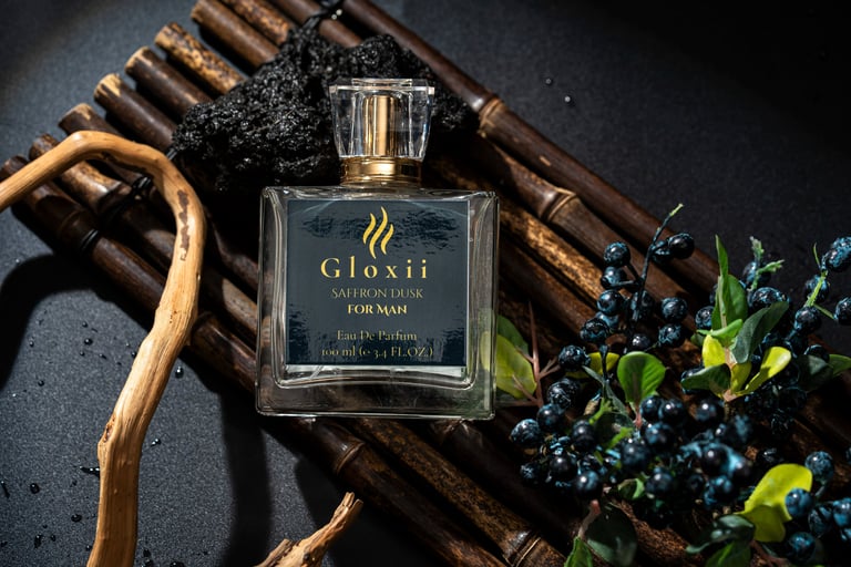 Gloxii SAFFRON DUSK perfume bottle with saffron-inspired warm tones.”