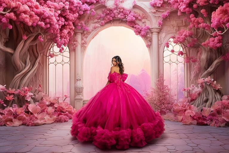 Quinceañera posando para sesión editorial en jardines representativos de Aguascalientes