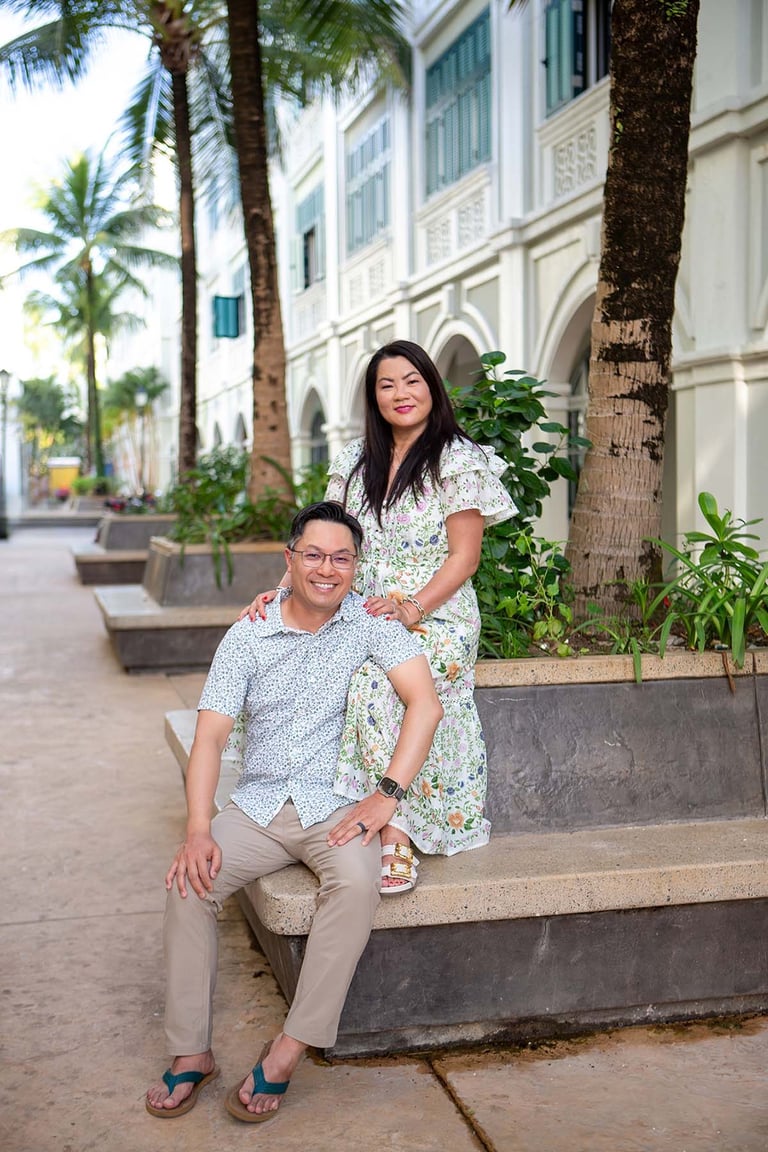 Couple portraits at Marina area with tropical arches