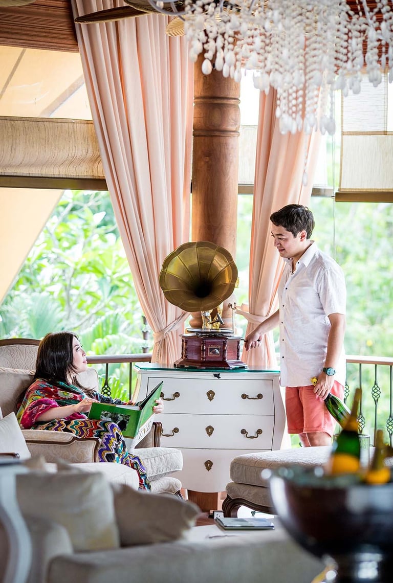 Couple enjoying resort lounge scene near The Shells Phu Quoc