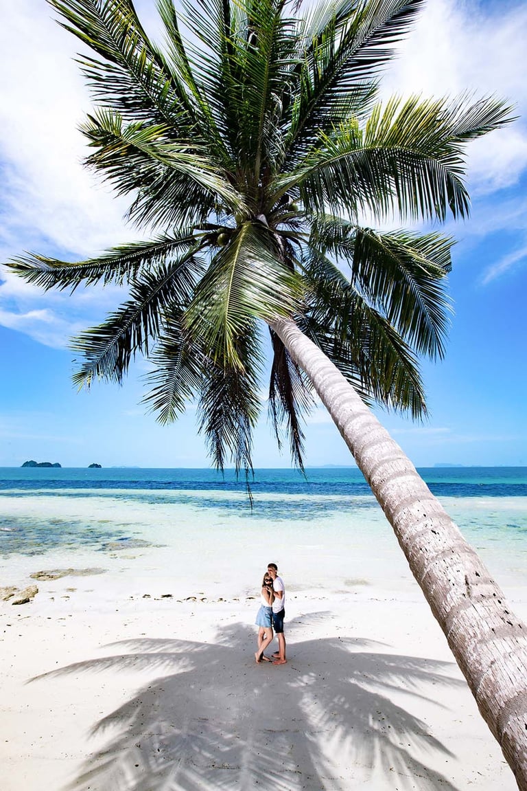 Couple under giant palm on Sheraton Beach, Phu Quoc