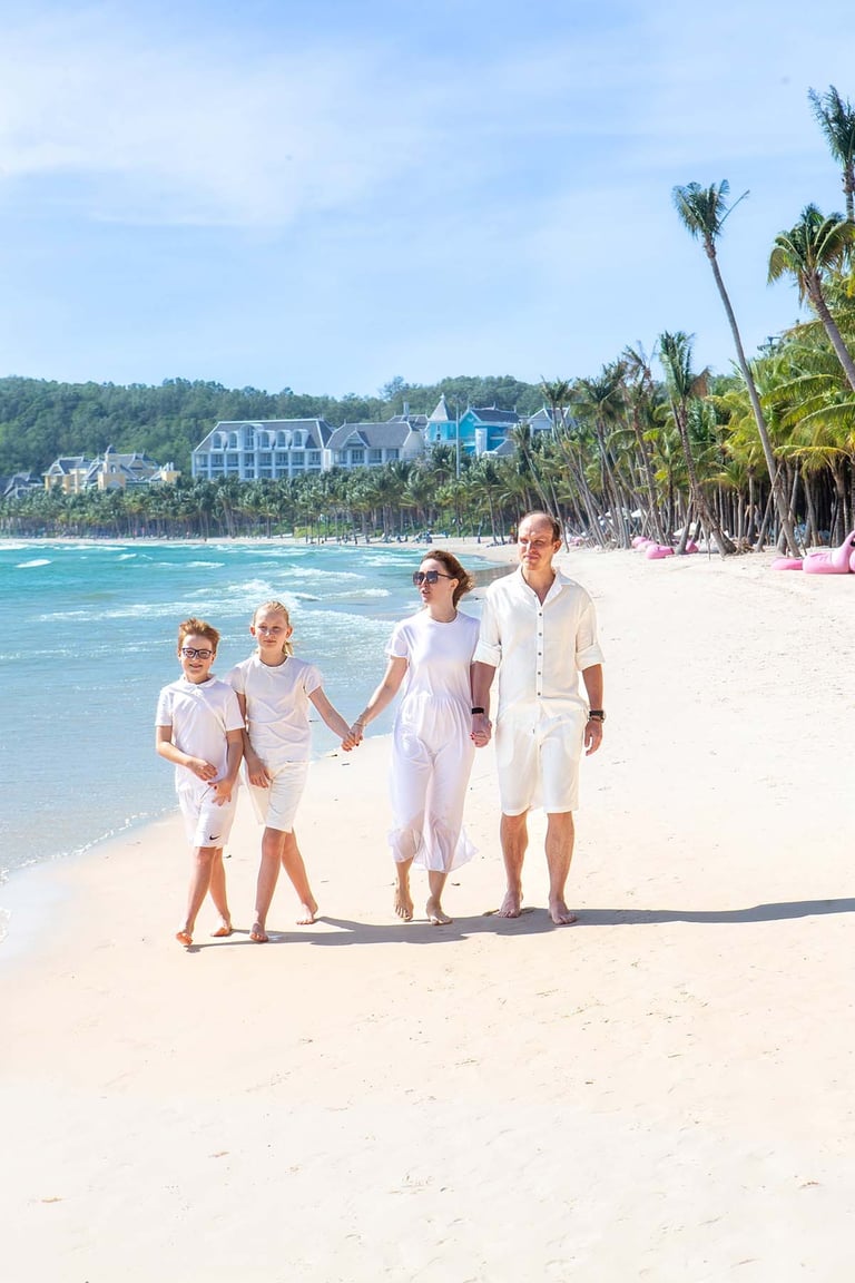 Family beach photoshoot walk on Khem Beach Phu Quoc