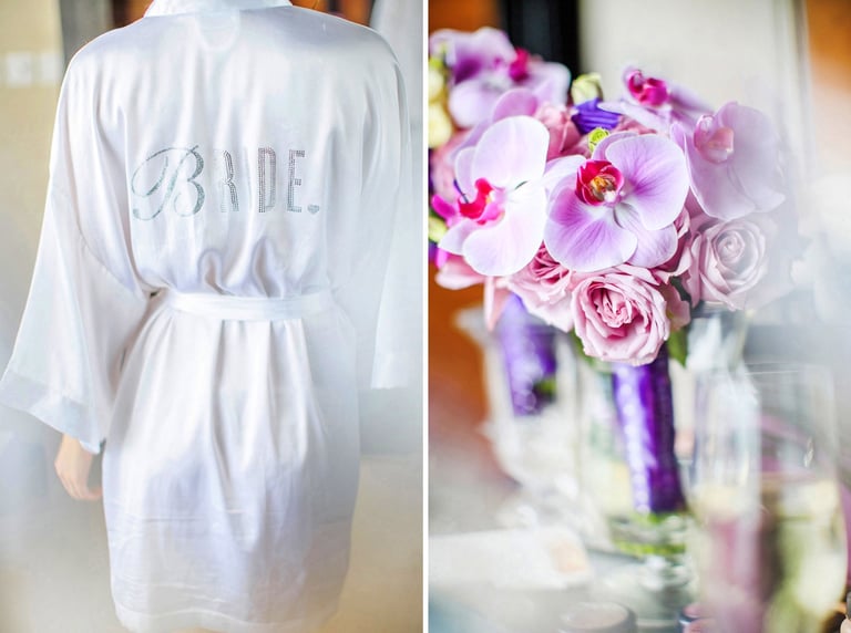 Bride robe and orchid bouquet details at JW Marriott