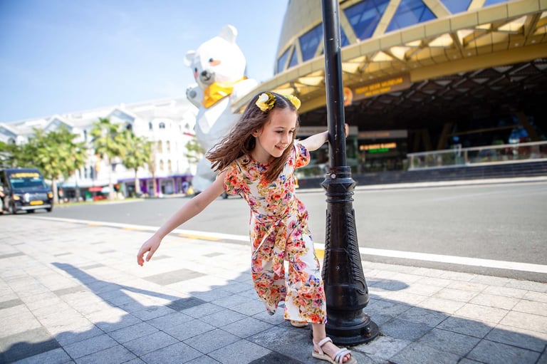 Kids photoshoot in Grand World Phu Quoc street scene