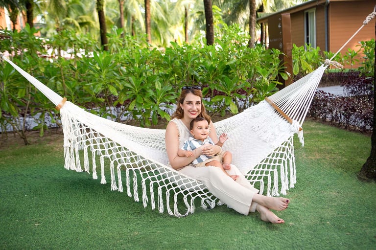 Mom and baby in hammock at Marriott Phu Quoc resort