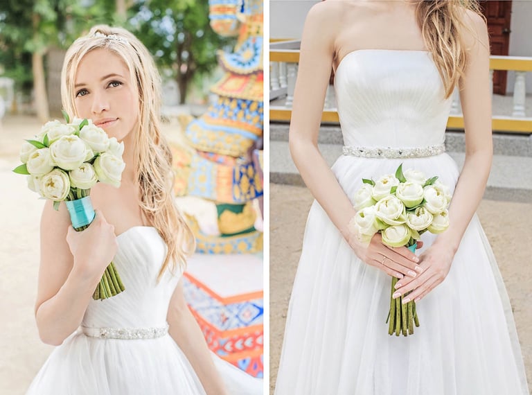 Bride holding white rose bouquet in Phu Quoc