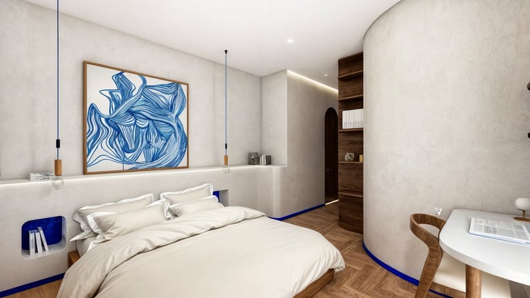 maquette 3D d'une chambre blanche et touche de bleu roi