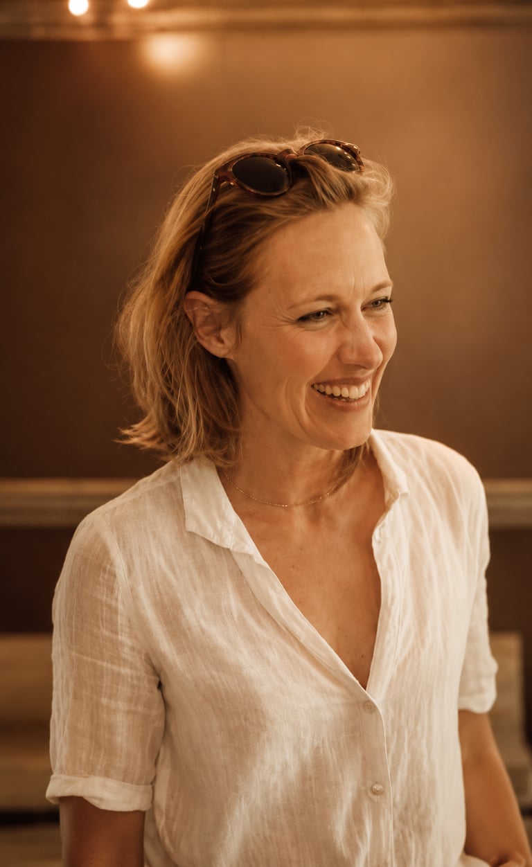 Portrait naturel de Caroline souriant dans une lumière douce et chaleureuse.