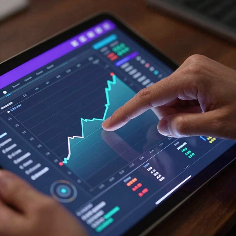 A close-up of a professional hand interacting with a high-resolution data visualization chart on a sleek tablet, royal purple accents, North American / International.