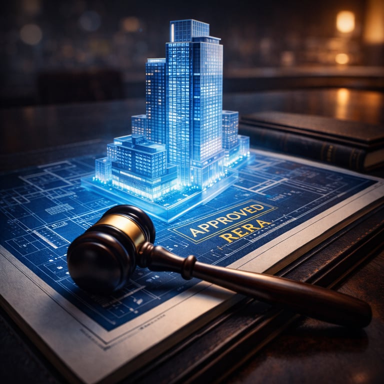 3D building model, gavel, and RERA approved blueprint illustrating UPRERA compliance for developers.