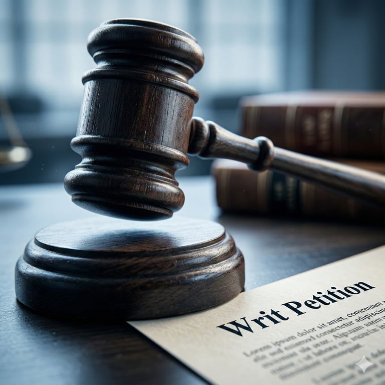 Gavel on a Writ Petition document for High Court advocacy at HMLO.