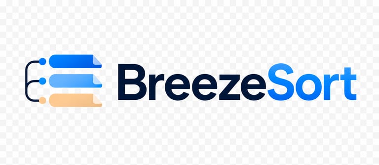 Logo BreezeSort horizontal avec symbole de classement en bleu et sable, suivi du nom BreezeSort en bleu marine et bleu vif